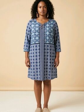 New Directions Curvy Blue Geometric Print Shift Dress | 1X